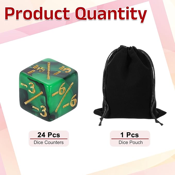 uxcell 24Pcs Magic Dice Counters, Acrylic D6 Life Token Dice Set with Pouch for Standard Cards Gaming Accessories, Green & Black