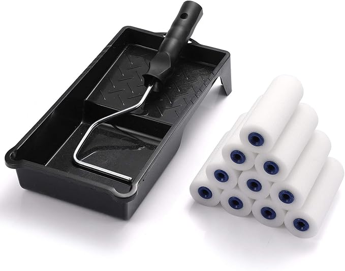 Foam Paint Roller, Roller Frame with 4-Inch Mini Paint Roller Cover Refills with Foam-Covered Ends, High-Density Foam Paint Tray Set for Room Home Repair Mini Paint Kits(12 Piece)