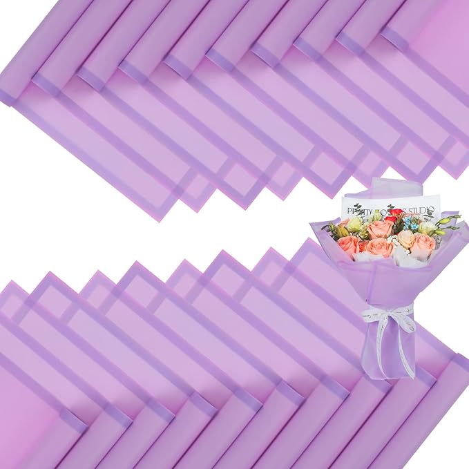 FUHITIM 20 Sheets Flower Wrapping Paper - Waterproof Floral Bouquet Packaging Paper for DIY Crafts，Florist Supplies Packaging Paper for Wedding Birthday Gift (Translucent Lilac Purple)