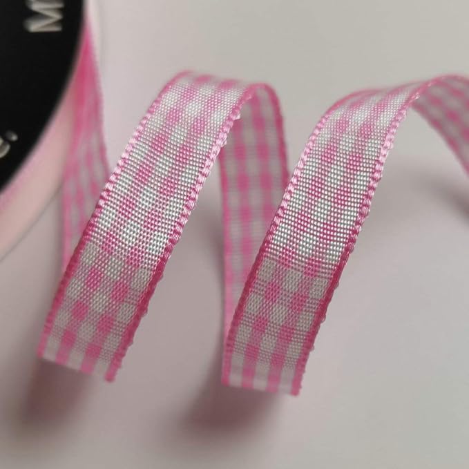 Pink Gingham Plaid Checked Ribbon 25 Yards Each Roll 100% Polyester (3/8",Pink)