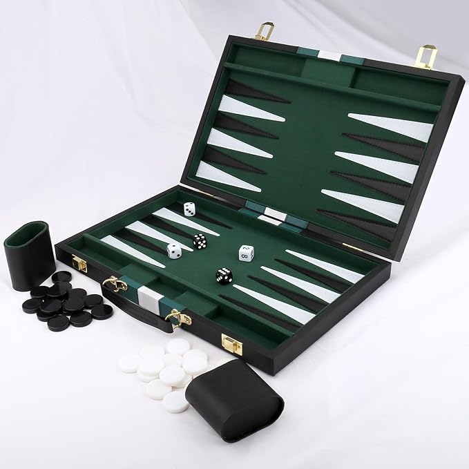Backgammon Set - Classic Board Game with Premium Leather Case - Portable Travel Strategy Backgammon Game Set for Adults, Kids (11inch, Black)