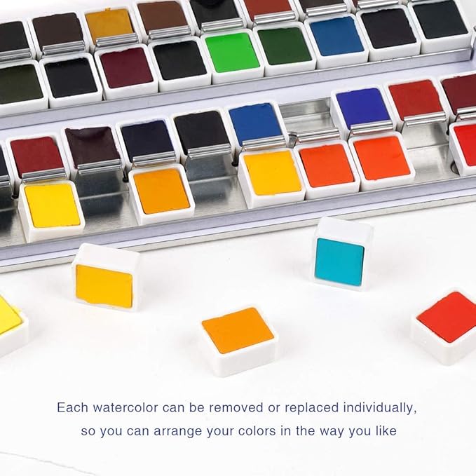 Paul Rubens Artist Grade Watercolor Paint, 48 Colors Solid Cakes with Portable Metal Box for Artists, Beginners, Hobbyists, Students