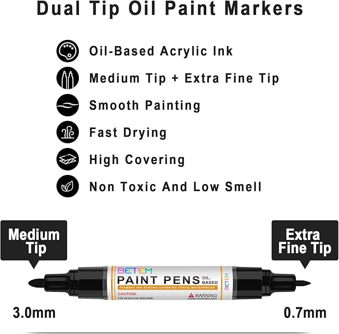Betem 4 Count Dual Tip Oil Based White Black Paint Markers Pens(0.7mm & 3mm), Permanent Paint Marker, Waterproof, Quick Dry, for Rock Painting, Wood, Plastic, Metal, Canvas(2White 2Black)