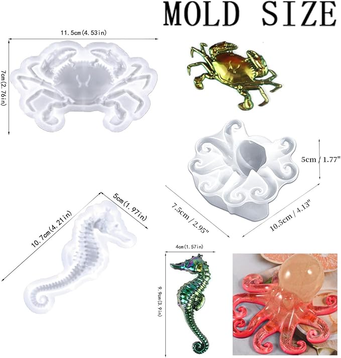 3 Pcs Marine Resin Molds Set Seahorse Octopus Crab 3D Animal Silicone Epoxy Molds for DIY Resin Concrete Desktop Aquariums Fish Tanks Ocean Animal Themed Home Decor Party Supplies Ideal Presen