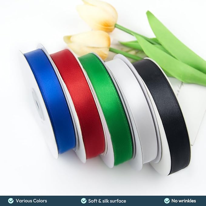 KMER LIFE 5/8" Wide x 50 Yards White Single Faced Polyester Satin Ribbon - Perfect for Wedding Decor, Wreaths, Crafts, Gift Wrapping & Other Projects