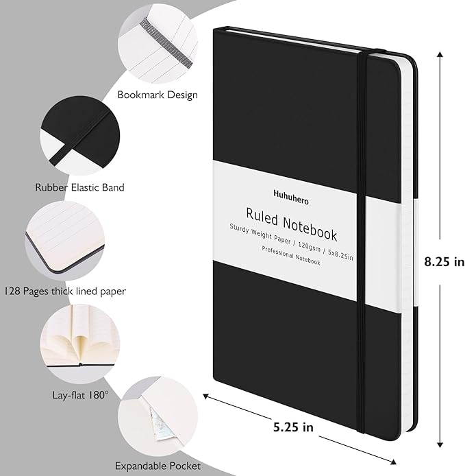 Huhuhero Lined Notebook Journal, 120Gsm Thick Paper College Ruled Journal, Hardcover Notebooks for Work School Note Taking, Office School Supplies 5"×8.25" (3, Black)