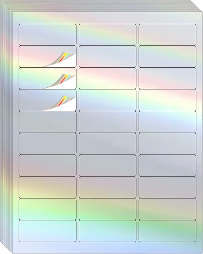 STARLIBOO 1" x 2-5/8" Address Labels- Holographic Color Stickers for Laser/Ink Jet Printer mailing Labels 8.5"×11"- Holographic Silver