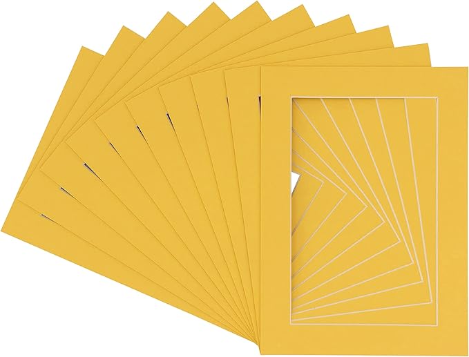 Pack of TEN 8x10 Mats Bevel Cut for 6x8 Photos - Acid Free Chamois Yellow Precut Matboards For Pictures, Photos, Framing - 4-ply Thickness