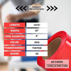PSBM Red Stretch Wrap, 15 Inch x 1476 Feet, 72 Pack, Tinted Pre-Stretched Shrink Wrap Film for Moving, Packaging, Pallet Wrapping