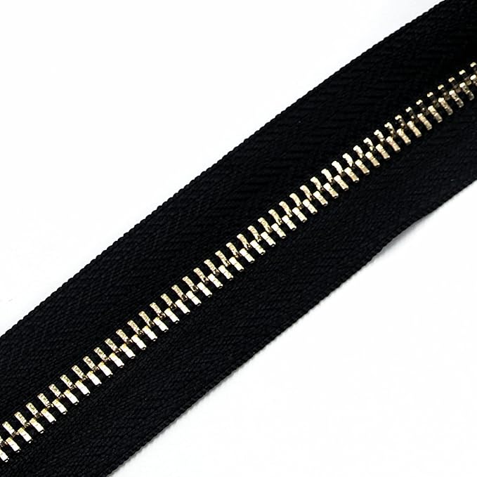 Leekayer #5 Metal Zippers Roll Bulk 2 Yards Black Zipper by The Yards with 10 pcs Sliders Light Gold Teeth Zipper for Sewing Bag Craft Backpack, Wallets, Purses Handmade