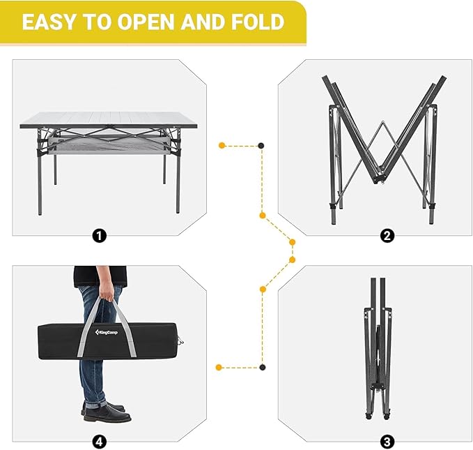 KingCamp Folding Camping Table, Portable Camp Table Foldable Aluminum Roll Up Seamless Desktop with Storage and Tall Legs for Outdoor Backyard Picnic