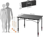 Portable Outdoor Adjustable Height Camping Table, Large for 2-6 Person, Foldable Roll-up Aluminum Camp Table with Carry Bag for Picnic, Camp, Sturdy, Stable, Loads 220 Lbs (Black)