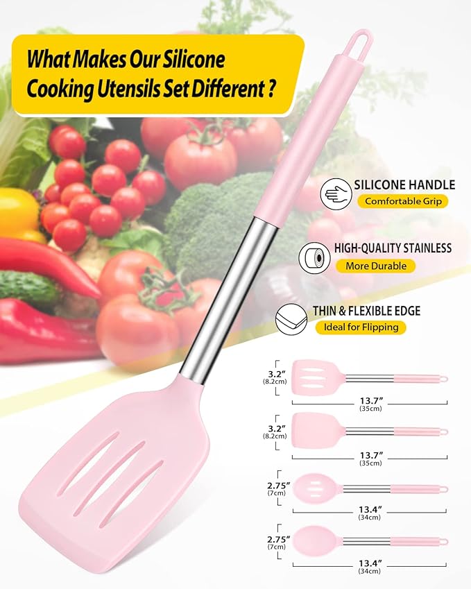 Pack of 4 Silicone Cooking Utensils Set, Non Stick Large Solid Spatulas, Heat Resistant Pink Slotted Spoons, Ideal BPA Free Kitchen Turners for Frying, Mixing,Serving,Draining,Turning,Stirring