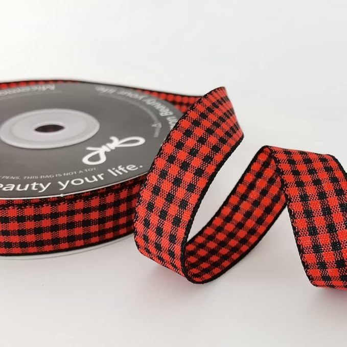 Red and Black Gingham Plaid Checked Ribbon 25 Yards Each Roll 100% Polyester (5/8",BlackRed)