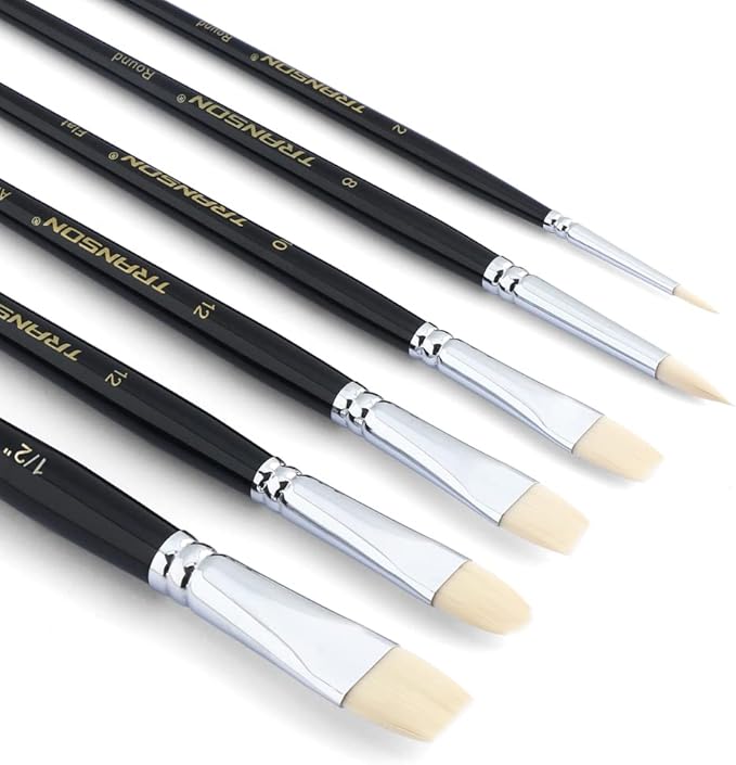 Transon Paint Brush Set 6pcs Art Painting Flexible Bristle for Acrylic Watercolor Gouache Oil Leather Canvas and Face Painting