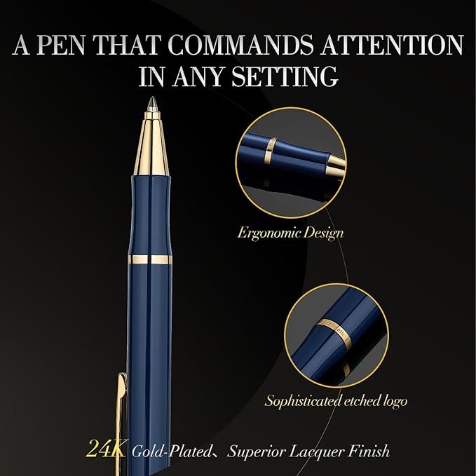 Blue Gel Pen With 24K Gold Finish, Fine lacquer work, Fancy Gift Set for Men & Women, Black Refill, Ideal Office Supplies, Professional, Writing, Executive,Office, Nice Retractable Pens