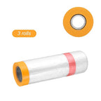 HARFINGTON 3 Rolls Pre-Taped Masking Film 43.3" x32.8ft Double Adhesive Tape and Drape Painters Plastic Drop Cloth Film with Tape Plastic Sheeting for Automotive Painting Covering