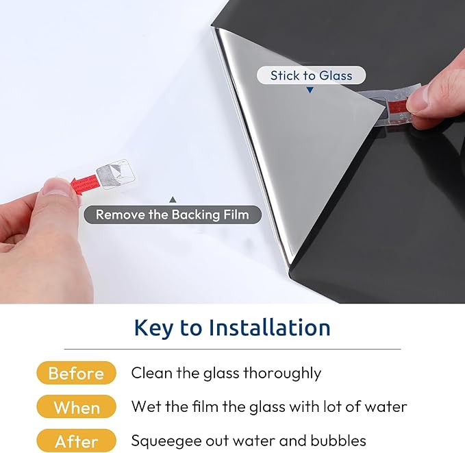 rabbitgoo Window Privacy Film One Way Window Tint for Home, Removable Reflective Heat Sun Blocking Anti UV Glass Door Covering, Mirror Tinting Film House Office, 35.4 in X 9.8 Feet, Black Silver