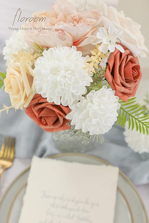 Floroom Artificial Dahlia Flowers 25pcs Real Looking White Foam Fake Roses with Stems for DIY Wedding Bouquets Bridal Shower Centerpieces Floral Arrangements Party Tables Home Decoration