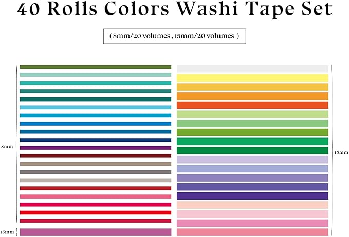 40 Rolls Colored Washi Tape, Aesthetic Colored Decorative Cute Scrapbook Tape for Scrapbooking Supplies Journaling Craft Junk Journal