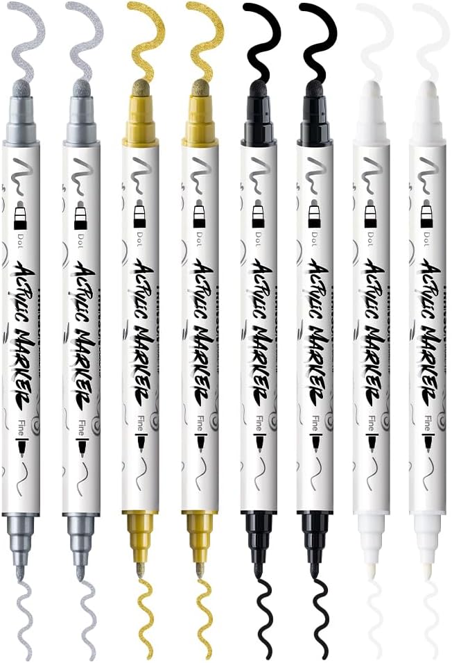 TRANSON 2 Gold, 2 Silver, 2 Black and 2 White Paint Markers Bold and Fine Dual-tip Acrylic Paint Marker Set for Rock Painting Glass Canvas Wood Leather Ceramic Painting