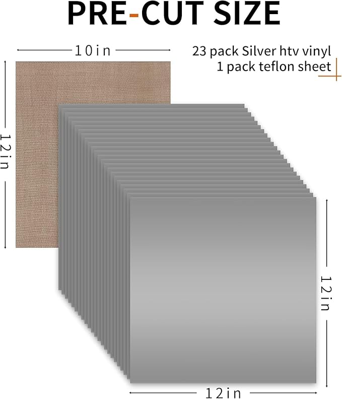 HTVRONT Silver HTV Heat Transfer Vinyl Bundle: 24 Pack 12"x12" Iron on Vinyl Sheets for T-Shirt (1 PTFE Sheet Included), PU HTV Easy to Cut & Weed for Heat Design