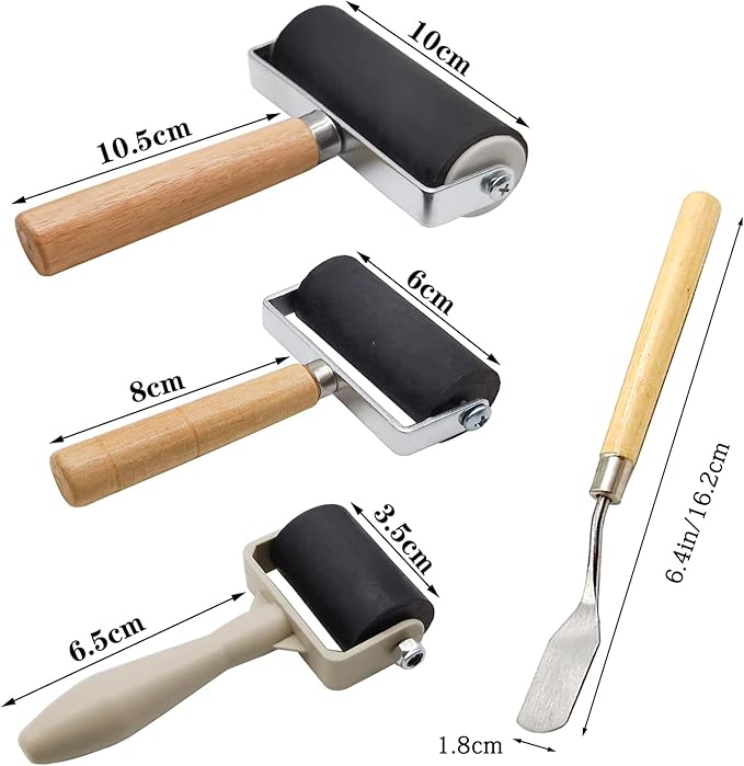 4 Pack Rubber Roller - Brayer Rollers with 3 Size for Crafting Brayer Rollers for Printmaking Brayer Tool Paint Brush Ink Applicator Art Craft Oil Painting Tool 1.4 in,2.4 in,4 in + 1 Scraper HRJZF
