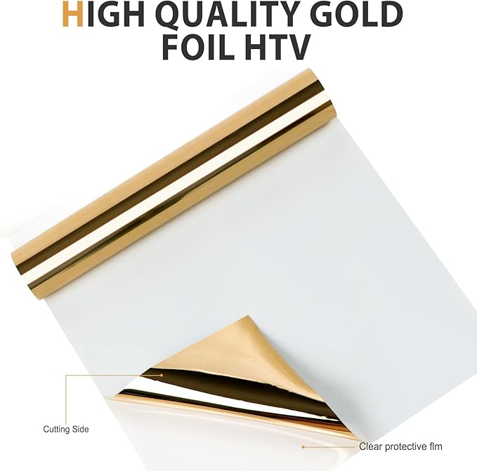HTVRONT Metallic Gold HTV Vinyl Roll - 12" x 8ft Gold Heat Transfer Vinyl for T Shirts, Gold Iron on Vinyl for All Cutting Machine - Easy to Use for Heat Transfer Project (Metallic Gold)