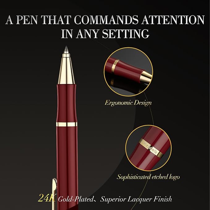 Red Gel Pen With 24K Gold Finish, Fine lacquer work, Fancy Men's And Women's Gift Set, Professional, ADMOK Black Refill, Smooth Writing, Executive, Commercial, Click, Nice Retractable Pens