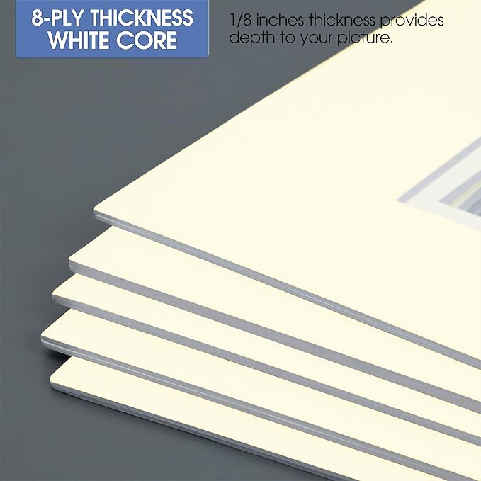Golden State Art, 11x14 Double Mats for 8x10 - for Photos, Pictures, Frames - Acid-Free, 5 Pack, Ivory Over Ivory