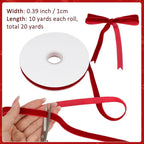 Red Velvet Ribbon, 0.39 Inch x 20 Yards Single Faced Red Ribbon for Gift Wrapping, Bow Making, Christmas Tree Decorations, Wreath Making and DIY Crafts (10 Yards Each Roll)