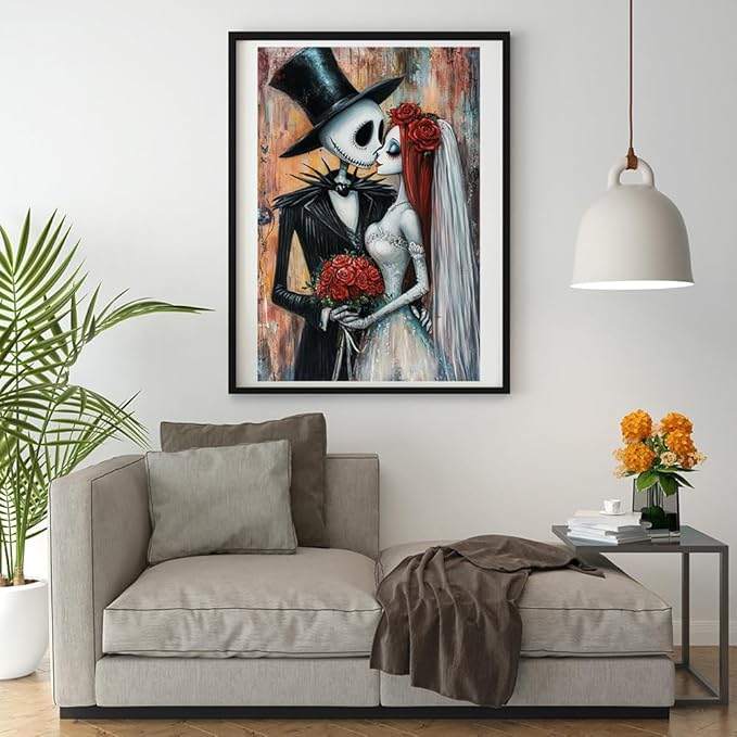 Moohue 14ct Counted Stamped Cross Stitch Kits for Adults Skulls Couple Roses Printed Cross Stitch Patterns Art Crafts Cross Stitch Supplies (Skeleton Couple)