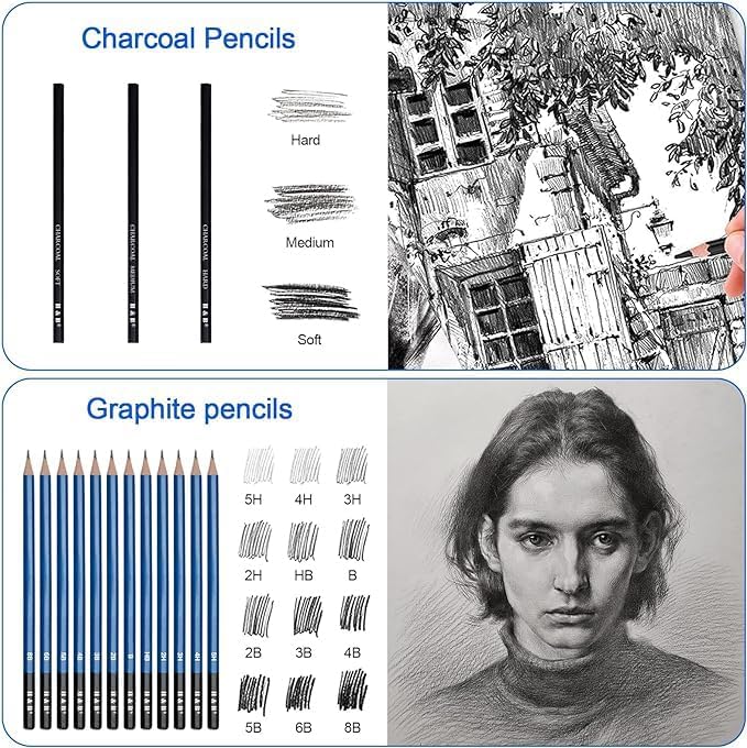 H & B 50 Pack Drawing Set Sketching Kit, Pro Art Supplies with 3-Color Sketchbook, Include Colored, Graphite, Charcoal, Watercolor & Metallic Pencil, for Artists Adults Beginner