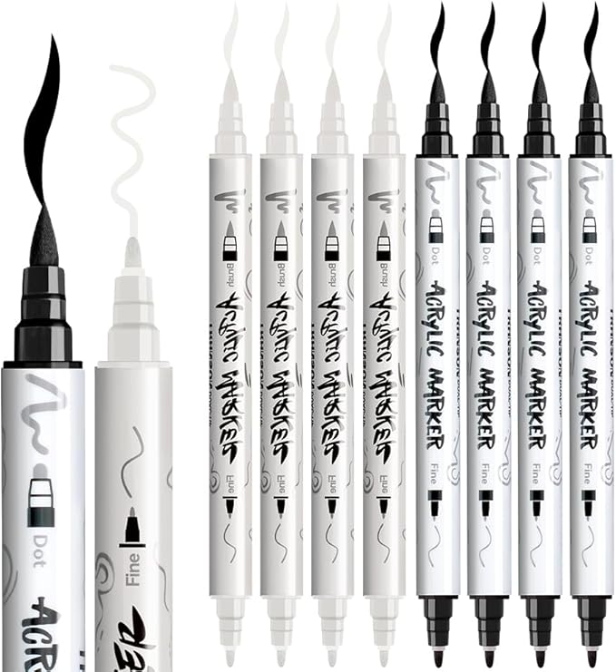 TRANSON 4 Black and 4 White Paint Markers Brush and Fine Dual-tip Acrylic Paint Marker Set for Rock Painting Glass Canvas Wood Leather Ceramic Painting