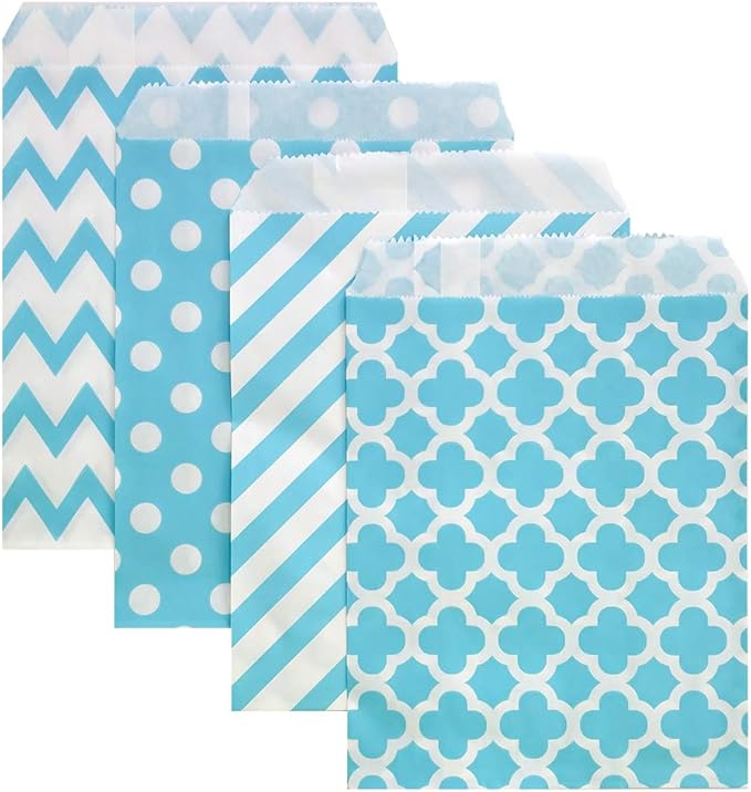 KEYYOOMY 100 Pcs Blue Candy Buffet Bags Small Cookie Bags Polka Dot Paper Treat Bag for Wedding Birthday Party (5 inch x 7 inch)