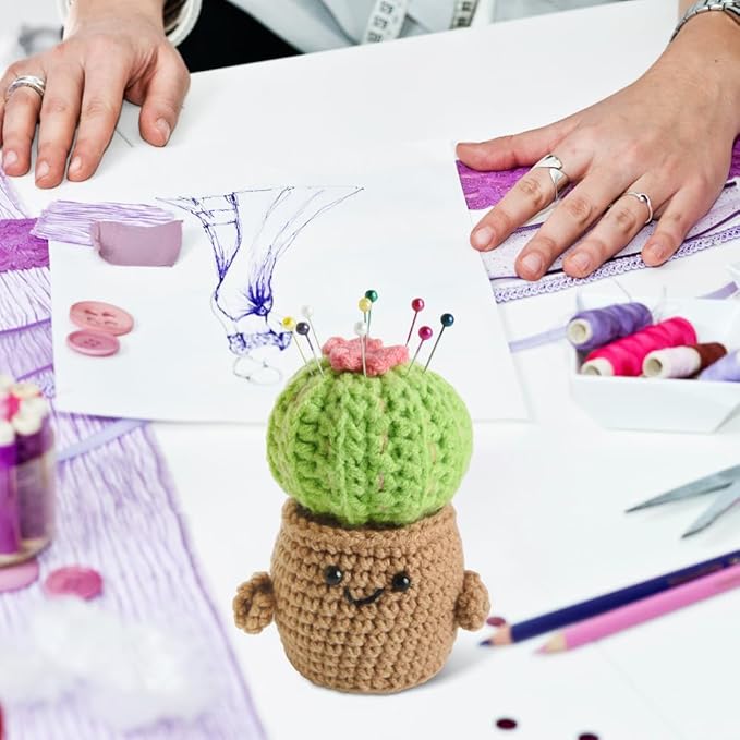 Cactus Pin Cushion, Handmade Knitted Pincushions, Cute Pin Cushions Needle Holders for Sewing Quilting Accessory, DIY Crafts or Patchwork Decor.Flowerpot Design Cactus