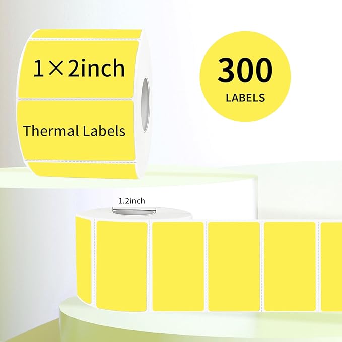 2x1 Inch Thermal Labels, Waterproof Thermal Printer Stickers, Self-Adhesive Shipping Label Printer Sticker for Barcode, Name, Address, 300 Labels/Roll- Yellow