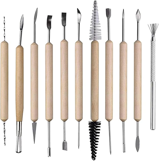 S & E TEACHER'S EDITION 11 Pcs Pottery & Clay Sculpting Tools, Double-Sided, Ceramics Tools Smooth Wooden Handles for Trimming, Embossing Pattern.