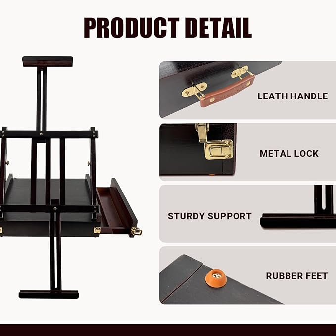Large Walnut Sketchbox Table-Top Easel with Dual Dawers-Adjustable Solid Beech Wood Artist Desktop Easel with Storage Holds Canvas up to 34'' High-(Dark Walnut)