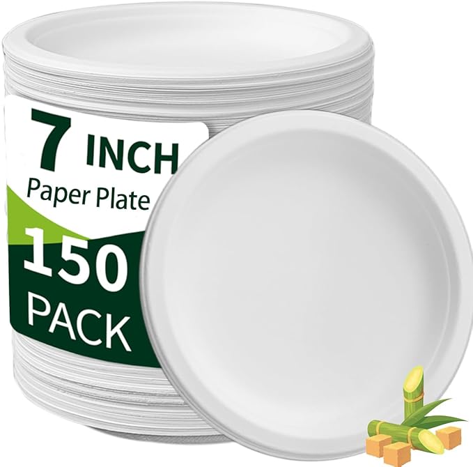 White Paper Plates 7 Inch (Round,150 Count) Heavy Duty Disposable Dinner Plates Bulk, Small Compostable Dessert Dishes for Party, BBQ and Gathering, Microwave-Safe/Sturdy/Leak Resistant