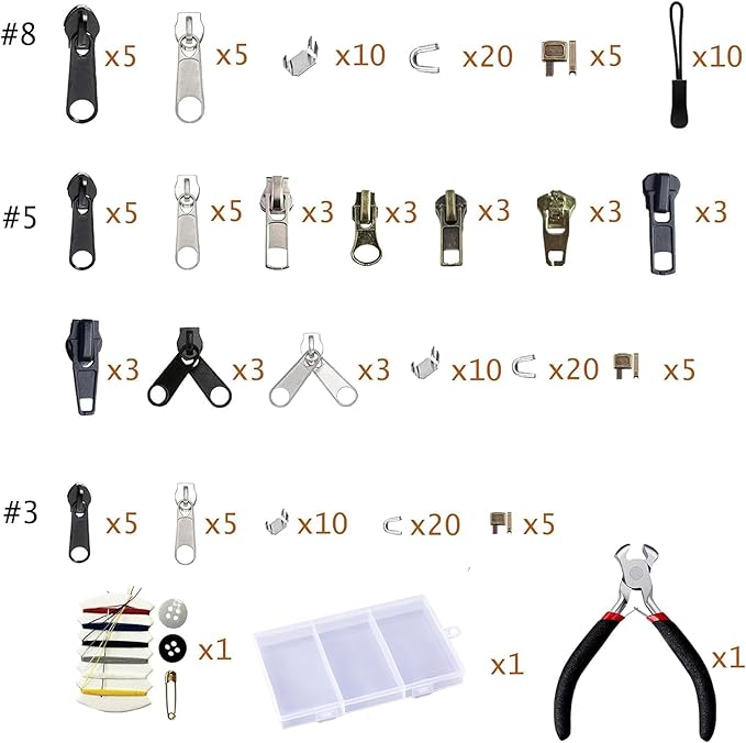 265pcs Zipper Repair Kit, Zipper Pull Replacement with Instant Pliers for Luggage, Coats, Jackets,Tents, Backpacks(All-in-One)