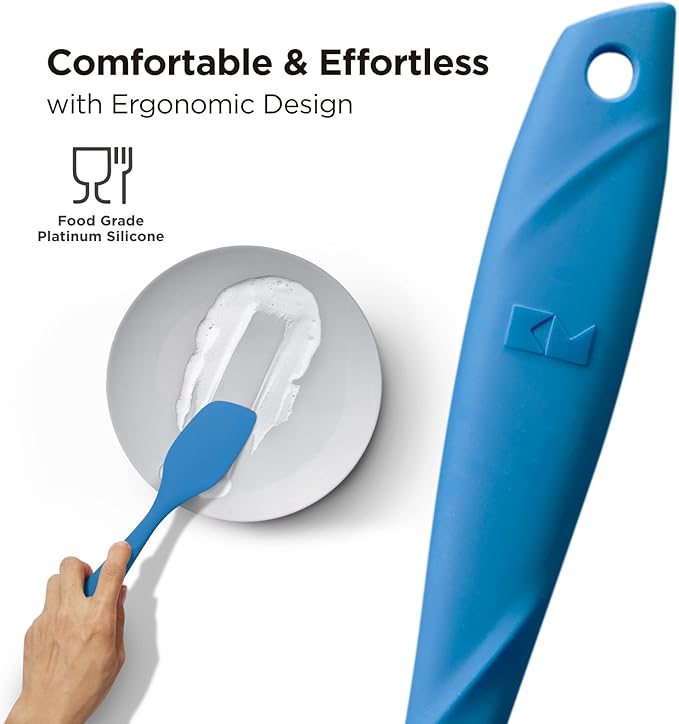 Kitchen Mama WaltzGrip Platinum Silicone Scraping Spatula: Heat Resistant, Seamless, Non Stick for Frying Pan Cookware, Safe, Flexible Bowl Scraper - Ideal for Mixing, Baking, Stirring (Blue)