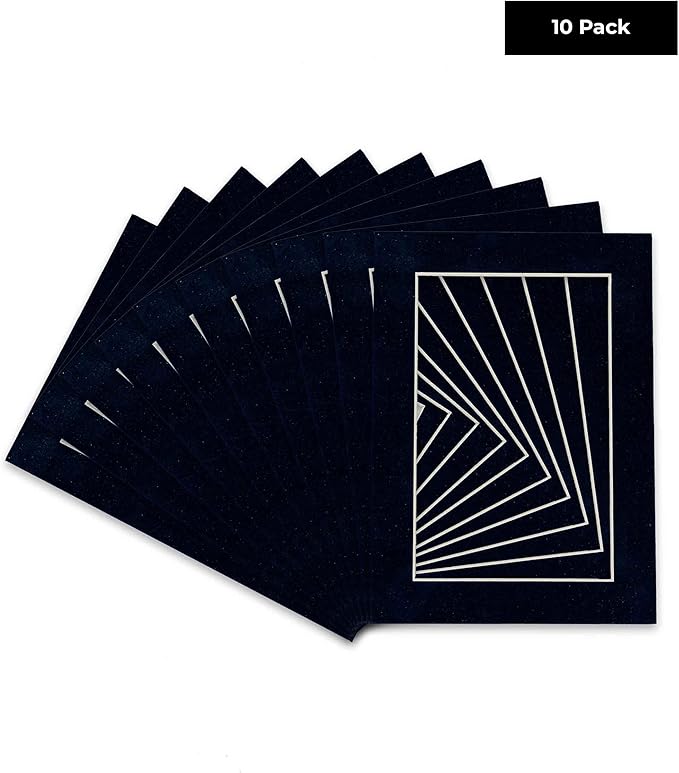 Pack of Ten Acid Free 8x10 Mats Bevel Cut for 5x8 Photos - Navy Suede Precut Matboards With Backing Boards and Self Seal Photo Mat Bags For Pictures, Photos, Framing - 4-ply Thickness