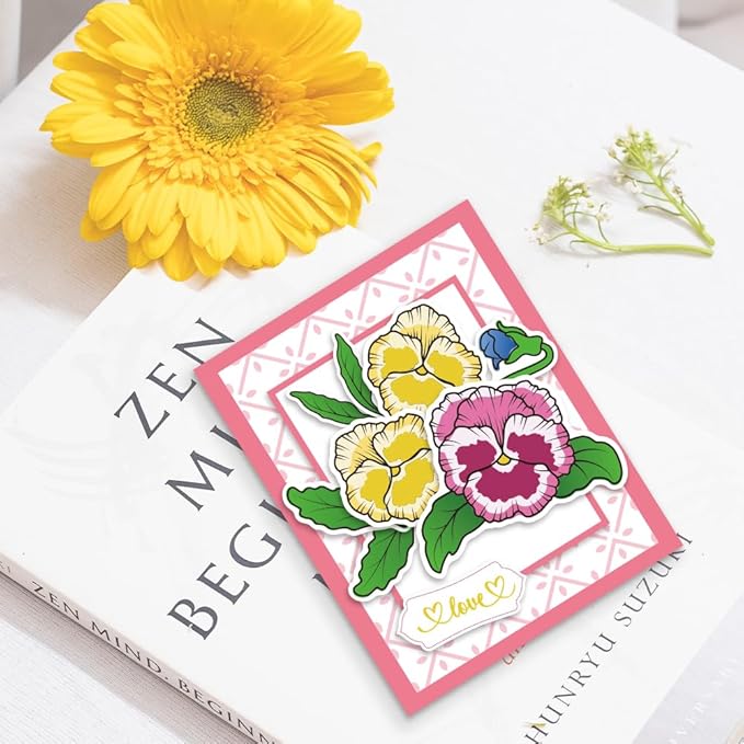 ORIGACH Realistic Pansy Stamps and Dies and Layering Coloring Stencil Set, Silicone Stamps Metal Die Cut and Flower Stencil Template for Card Making Scrapbooking DIY Crafting