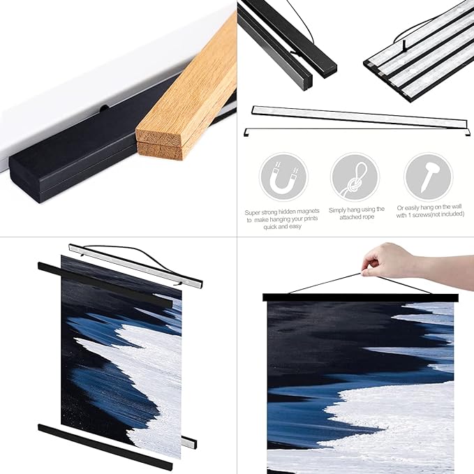 Ywlake Magnetic Poster Hanger, 29x20 29x24 29x21 Poster Frame Wood Wooden Magnet Print Posters Dowel Scroll Hanger Hangers Hanging Kit for Walls Map Canvas Artwork (Black, 29")