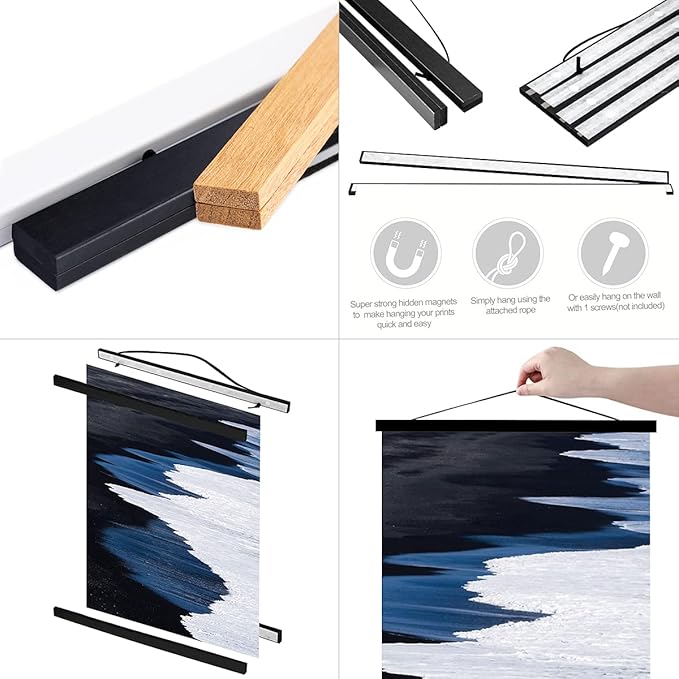 Ywlake Magnetic Poster Hanger, 20x28 20 x 30 20x24 Poster Frame Wood Wooden Magnet Print Posters Dowel Scroll Hanger Hangers Hanging Kit for Walls Map Canvas Artwork (Black, 20")