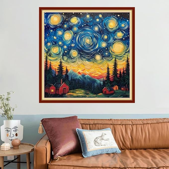Joyhoor Stamped Cross Stitch Kits for Beginners, Needlepoint Kits for Adults, 11CT Counted Embroidery Kits-Van Gogh Starry Sky 18x18 inchs
