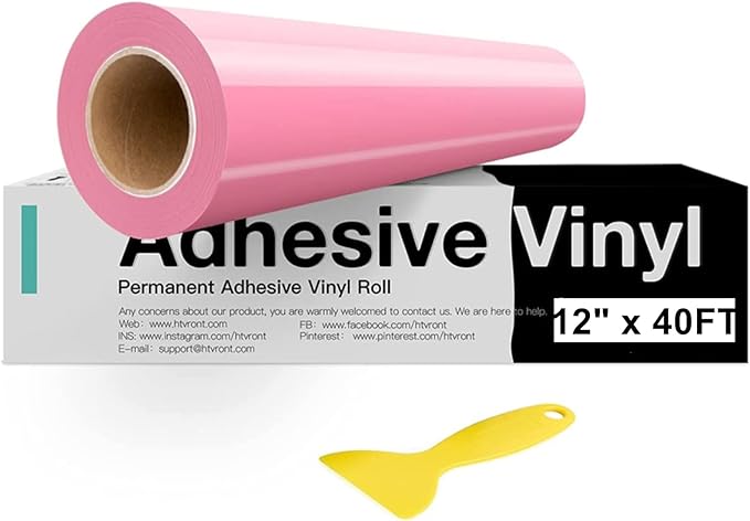 HTVRONT Pink Permanent Vinyl, 12" x 40 FT Adhesive Permanent Vinyl Roll for All Cutting Machine, Silhouette, Cameo Cutters, Signs, Scrapbooking, Craft, Die Cutters (Glossy Pink)