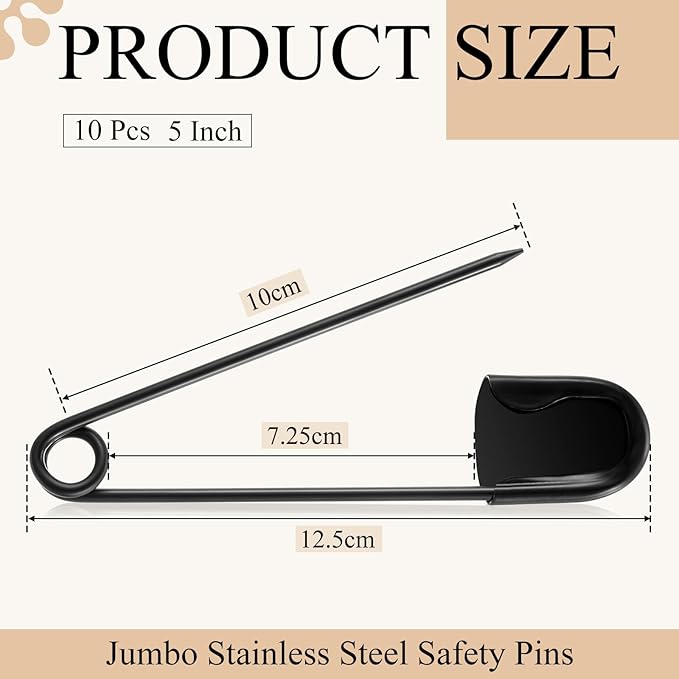 Juexica 10 Pcs 5 Inch Jumbo Stainless Steel Safety Pins Large Heavy Duty Huge Strong Laundry Pins for Upholstery Sewing Quilting Key Rings Craft Outdoor (Black)