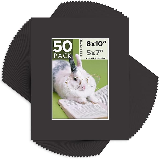 Mat Board Center, Pack of 50, 8x10 for 5x7 Black Mats - Acid Free, 4-ply Thickness, White Core - for Pictures, Photos, Framing